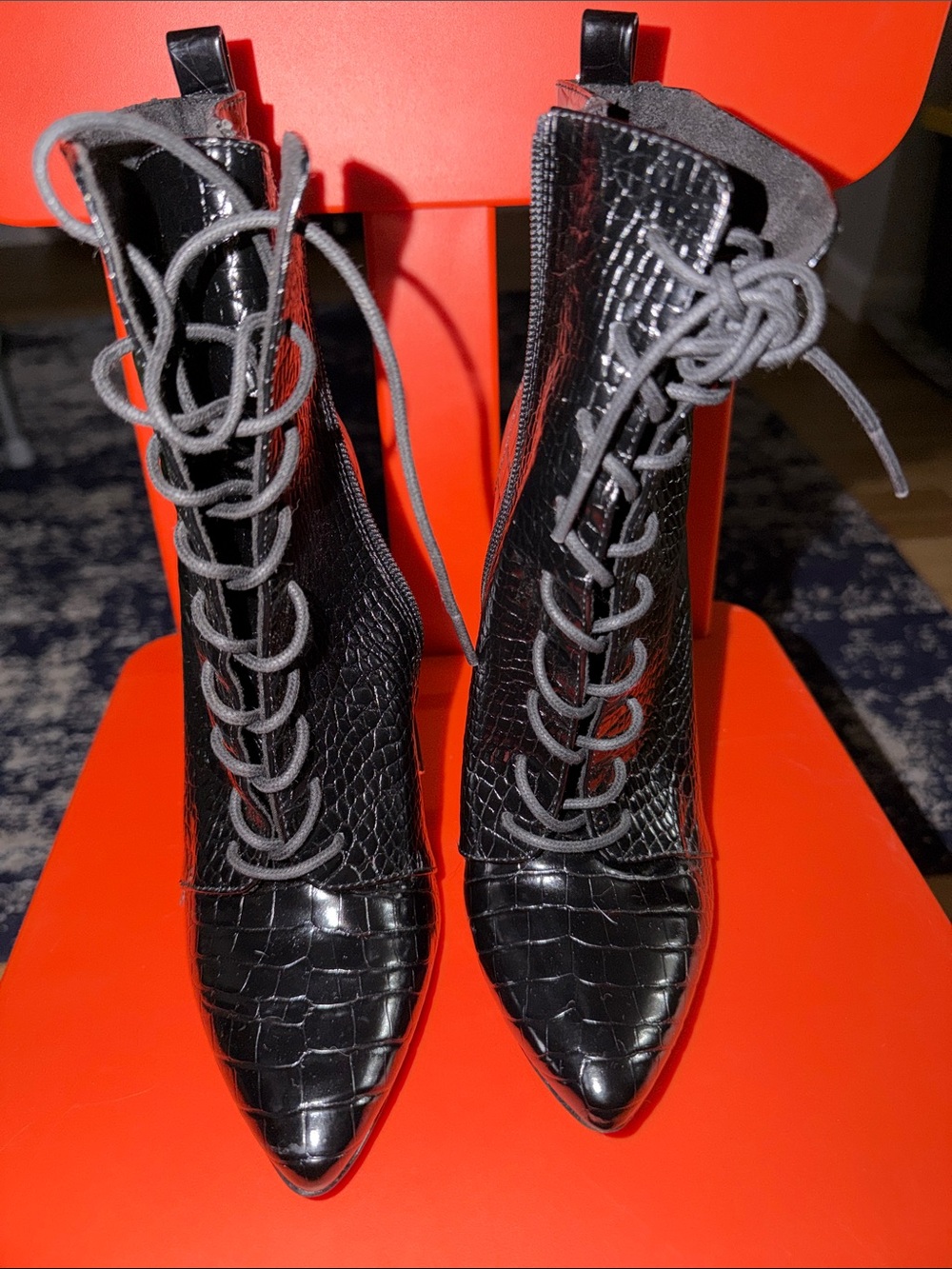 Charles David Black Croc-Embossed Lace-Up Pointed Ankle Boots